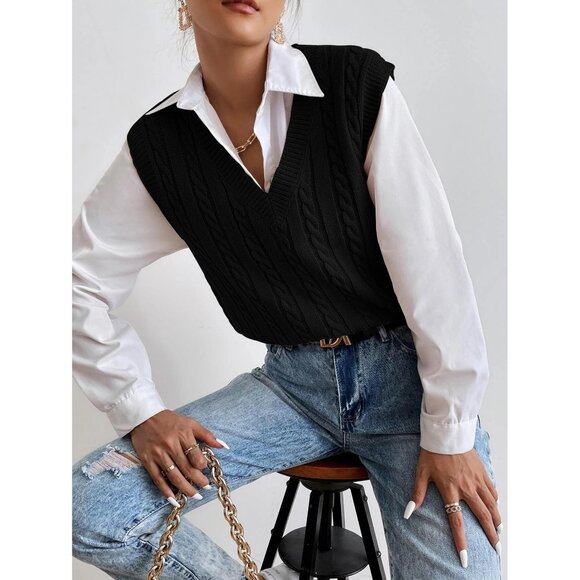 Black Cable Knit Vest (only) Layering Preppy Minimalist Casual sweater - Picture 1 of 1